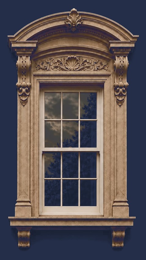 Restored timber sash window with carved stone pediment